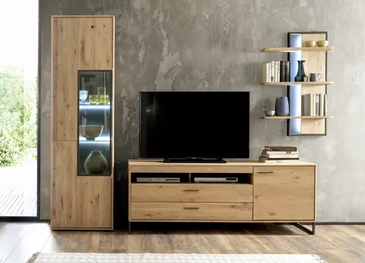 Wohnwand - mit Beleuchtung, Eiche teilmassiv