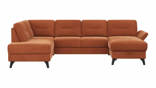 Wohnlandschaft Almyra - Ottomane links, 2,5-Sitzer inkl. Vorziehsitz (motorisch), Longchair rechts inkl. Bettkasten und Armlehne klappbar, Stoff, Kupfer