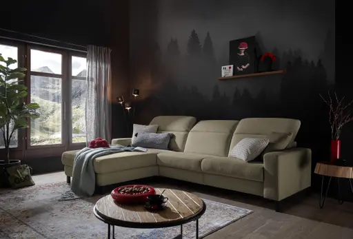 Ecksofa - CALM FLEX 2.0, Longchair links mit 3-Sitzer, Kopfteil verstellbar, Stoff, Beige