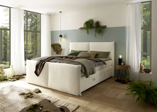 Boxspringbett SANDRIN L- Liegefläche ca. 200x200 cm, Stoff, Weiß, inkl. Stauraum und Fußteil