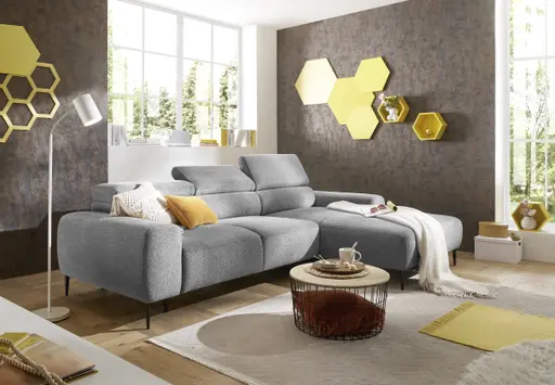 Ecksofa - 2-Sitzer mit Longchair rechts, Sitzvorzug motorisch, Kopfteil verstellbar, Stoff, Grau