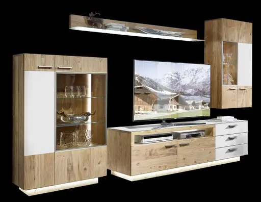 Wohnwand - mit Beleuchtung, Kernasteiche Furnier, Akzent Satinglas Weiß