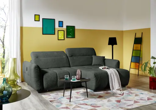 Ecksofa JAIMIE - 1,5-Sitzer mit Longchair rechts inkl. Relaxfunktion, verstellbare Kopfstütze, Stoff, Grün