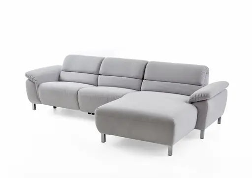 Ecksofa - 3-Sitzer mit Longchair rechts, Kopfteil verstellbar (manuell), Flachgewebe, Grau
