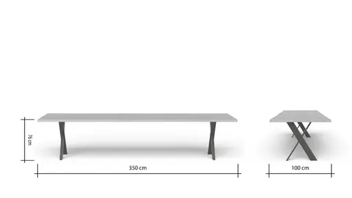Esstisch 3100 - LB ca. 350x100 cm, Asteiche massiv, Waldkante, Kreuzfuß, Schwarz