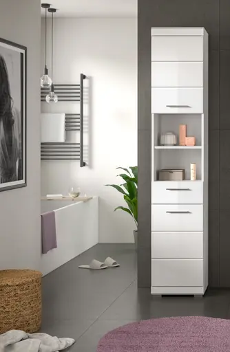 Hochschrank - B ca. 37 cm, Weiß, Weiß Hochglanz