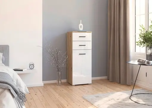 Kommode RHONDA- Eiche Dekor, Weiß, Hochglanz