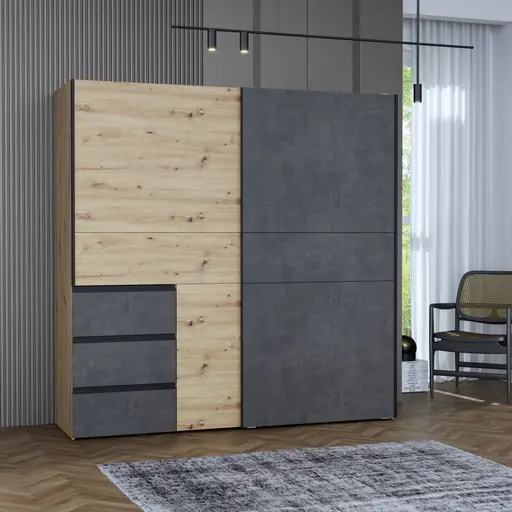 Schwebetürenschrank FJOLLA - B ca. 200,1 cm, Eiche Dekor, Betonoptik Dunkelgrau