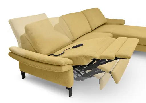 Ecksofa CALM PREMIUM 2.0 - Longchair links mit 3-Sitzer, Relaxfunktion motorisch, Armlehne verstellbar, Stoff, Kurkuma