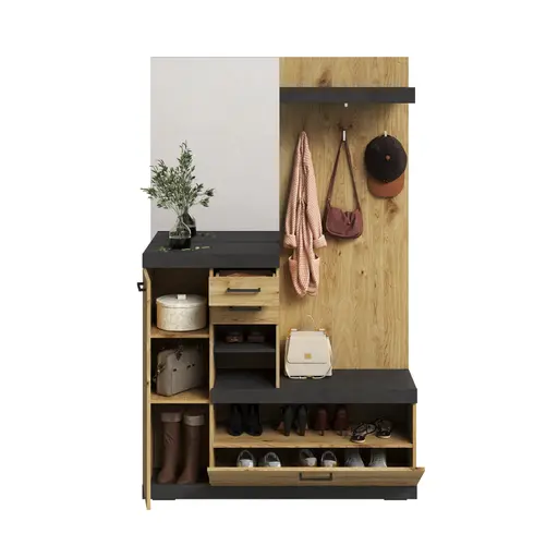 Kompaktgarderobe- Grau, Eiche Dekor