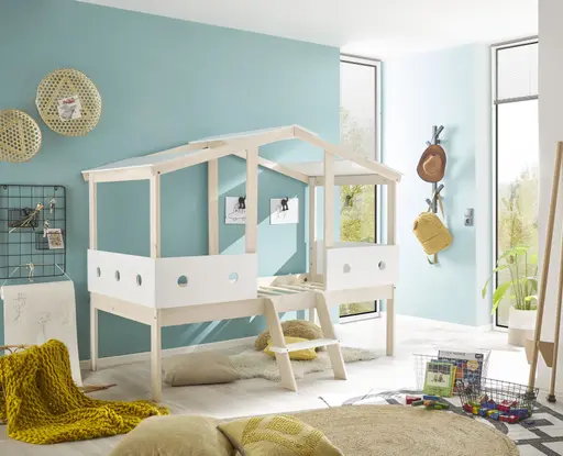 Hausbett - Liegefläche ca. 90x200 cm, Weiß, Kiefer Natur