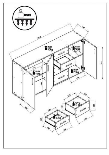 Kommode - B ca. 160 cm, Betonoptik, Weiß
