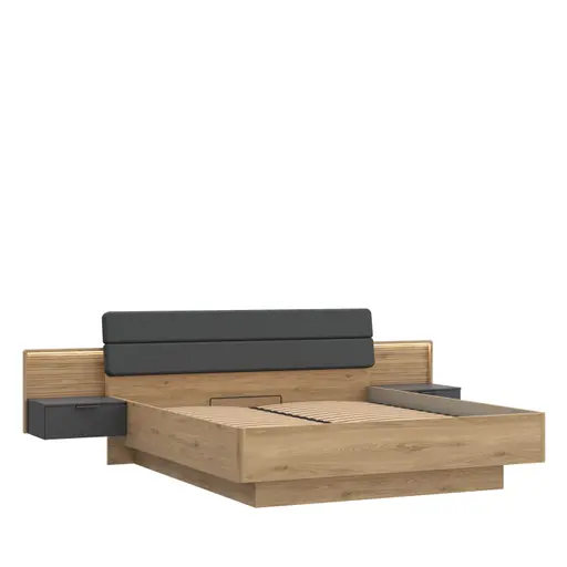 Bettgestell FALLEA- Liegefläche ca. 180x200 cm, inkl. 2 Nakos, Wildeiche Natur, Dunkelgrau