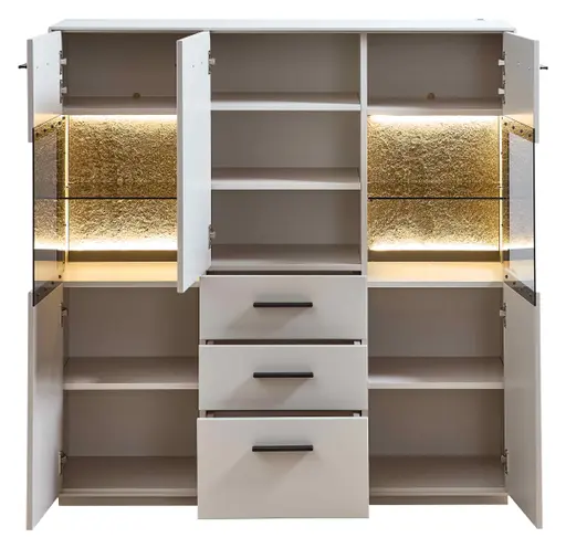 Highboard -  mit Beleuchtung, Creme Lack, Absetzung: Granit Steinfurnier