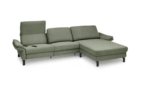 Ecksofa CALM PREMIUM 2.0 - 3-Sitzer mit Longchair rechts, Relaxfunktion motorisch, Armlehne verstellbar, Stoff, Dunkelgrün