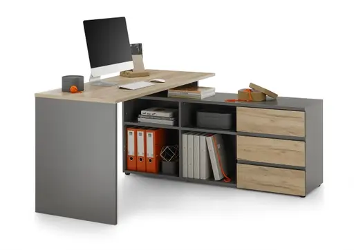 Winkelschreibtisch GRIFFIN - B/H/T ca. 146x76x145 cm, Graphit, Eiche Dekor