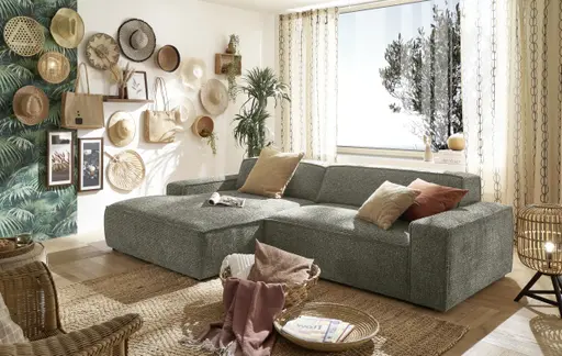 Ecksofa - Longchair links mit 2-Sitzer, Sitzvorzug motorisch, Stoff, Graubraun