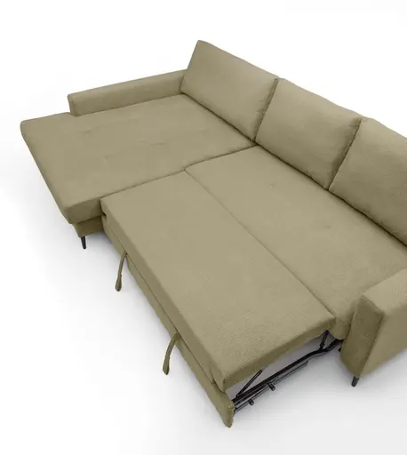 Ecksofa - Longchair links mit 3-Sitzer, Schlaffunktion mit Bettkasten, Stoff, Olive