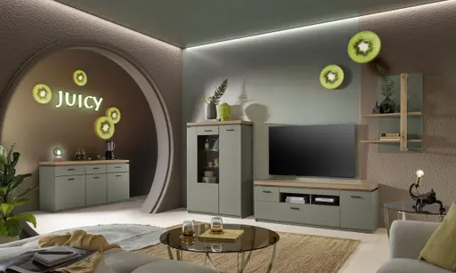 TV-Lowboard - mit Beleuchtung, B ca. 156 cm, Salbeigrün, Eiche Evoke Nachbildung