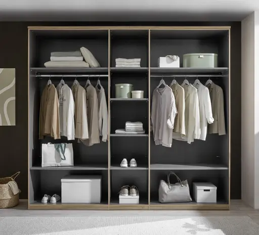 Drehtürenschrank - B. ca. 250,4 cm, Außentüren Holzdekor, Mitteltüren Beige