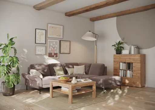 Ecksofa Rockport A - 2,5-Sitzer mit Ecke rechts, inkl. Sitzauszug (motorisch) und Armlehne klappbar, Stoff, Braun