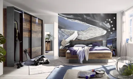 Bettgestell FEA - gepolstertes Kopfteil, Liegefläche ca. 180x200 cm, Old Wood Vintage Dekor, Betonoptik Dunkelgrau