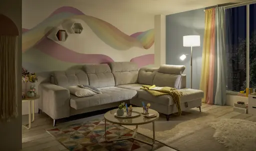 Ecksofa -2-Sitzer mit Ecke rechts, Kopfteil verstellbar, Sitztiefe verstellbar motorisch, Stoff, Hellgrau