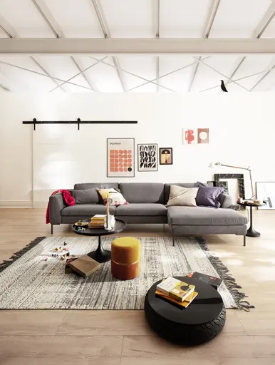 Ecksofa Lenni Full - 3-Sitzer mit Longchair rechts, Velour, Mocca, bündige Kissen