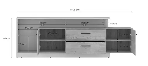 TV-Lowboard - B ca. 191,5 cm, Cremona Eiche Torro Nachbildung, Kaschmir