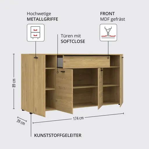 Sideboard - mit Beleuchtung, B ca. 174 cm, Gustavson Oak Nachbildung