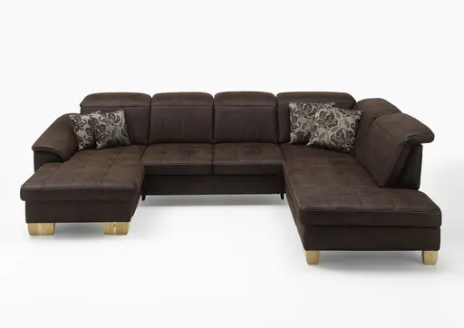 Wohnlandschaft - Longchair links mit 2,5-Sitzer und Ecke rechts, Kopfteil verstellbar, Stoff, Mocca