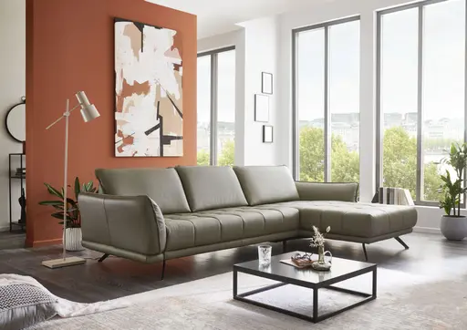 Ecksofa - 3-Sitzer mit Longchair rechts, Leder, Olive
