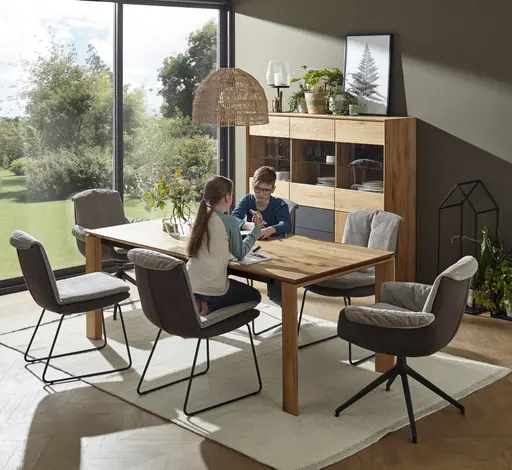 Highboard Missoula - Asteiche massiv, natur geölt - Schublade mit Glas anthrazit