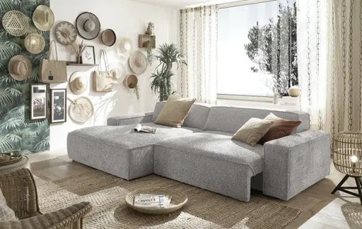 Ecksofa - Longchair links mit 2-Sitzer, Sitzvorzug motorisch, Stoff, Silbergrau