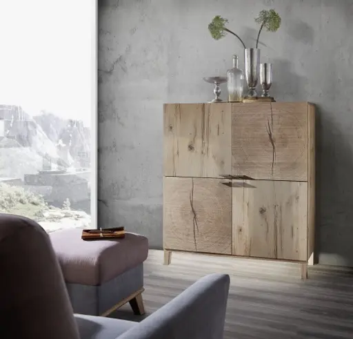 Highboard - Alteiche Furnier, Hirnholz-Applikation