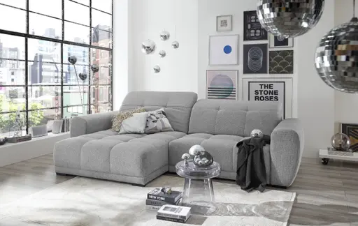 Ecksofa -2-Sitzer mit Longchair rechts, Kopfteil verstellbar, Sitztiefe verstellbar motorisch, Stoff, Hellgrau
