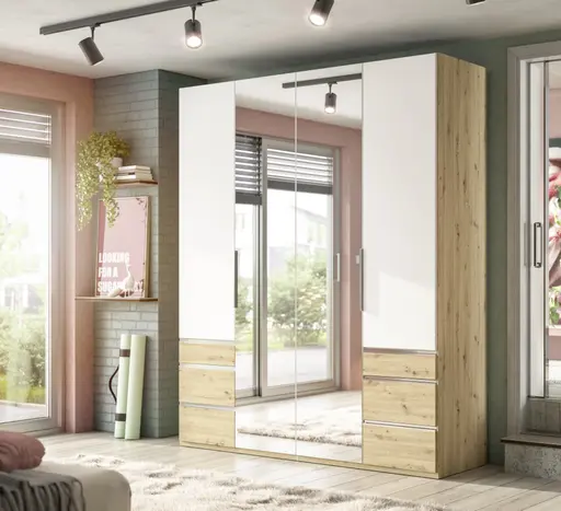 Drehtürenschrank- B ca. 200 cm, Eiche Dekor, Weiß, Spiegel