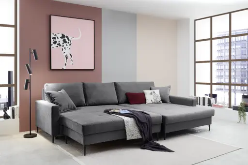 Ecksofa - 3-Sitzer mit Longchair rechts, Schlaffunktion mit Bettkasten, Stoff, Anthrazit
