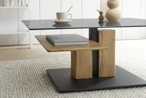 Couchtisch - höhenverstellbar, LBH ca. 105x65x45 cm, Glas grau, Eiche massiv