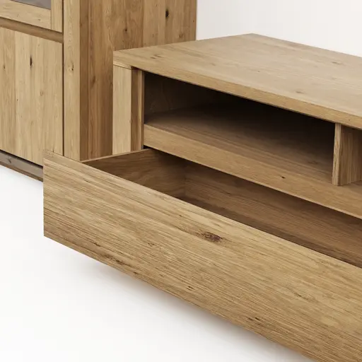 Wohnwand Bakersfield - sichtbare Rückwand und Schubladen geschroppt, Asteiche massiv, geölt