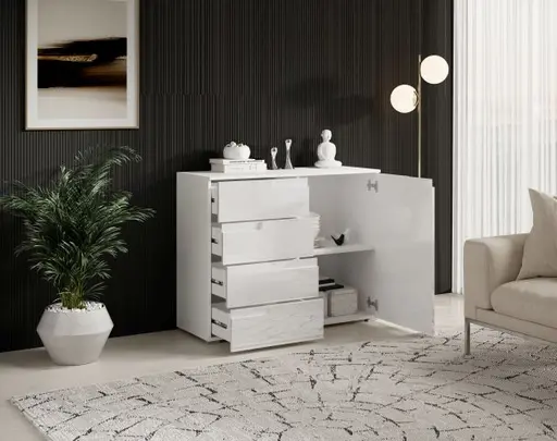 Kommode - B ca. 100 cm, Weiß, Weiß Hochglanz