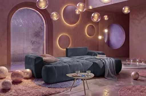 Ecksofa - 2-Sitzer mit Longchair rechts, Stoff, Dunkelblau