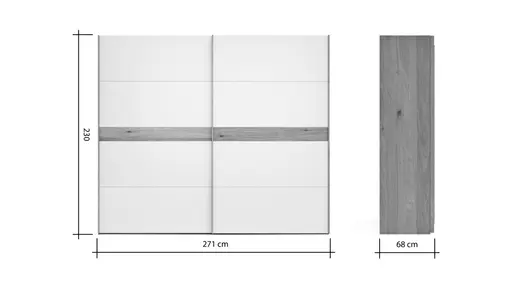 Schwebetürenschrank Viana - B ca. 271 cm, Lack, Weiß, Riffholz, Balkeneiche