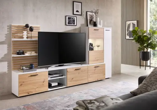 Wohnwand- Weiß, Eiche Dekor