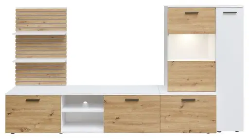 Wohnwand- Weiß, Eiche Dekor