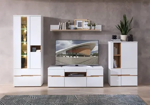 Wohnwand - mit Beleuchtung, Weiß, Artisan Eiche Nachbildung