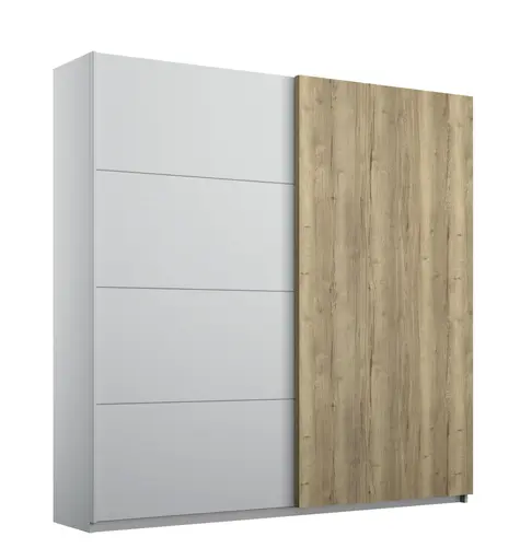 Schwebetürenschrank- B ca. 181 cm, Hellgrau, Eiche Dekor