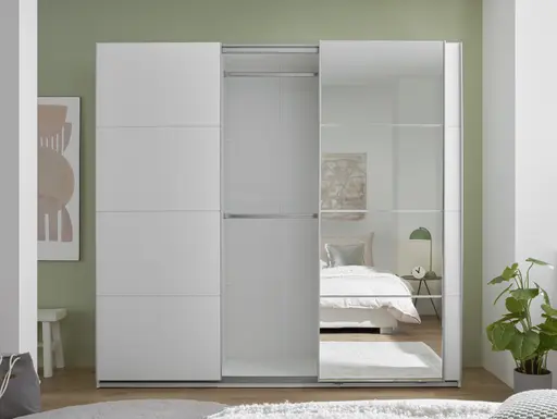 Schwebetürenschrank- B ca. 215 cm, Weiß, Spiegel
