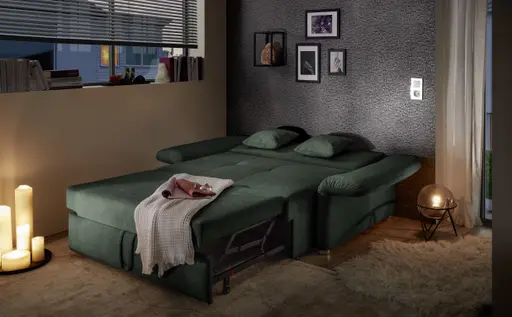 Sofa JORDEN - 1,5-Sitzer inkl. Schlaffunktion mit Bettkasten, verstellbare Armlehnen, Stoff, Dunkelgrün