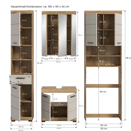 Spiegelschrank - B ca. 60 cm, Evoke Eiche Nachbildung